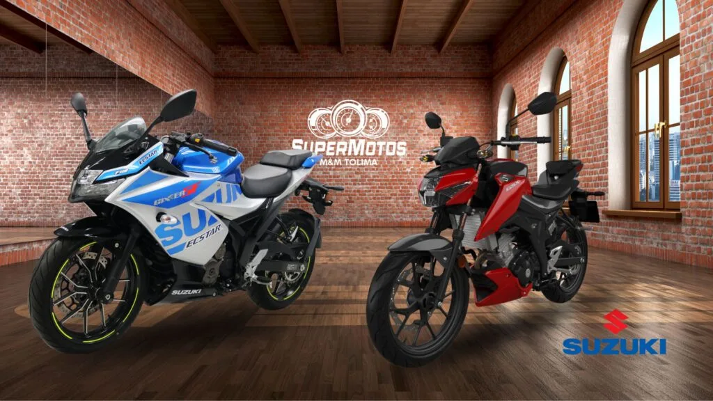 Imagen de diversas motocicletas Suzuki, que incluyen modelos deportivos, touring y scooters.